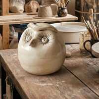 Ceramic Owl Figurine &bull; Handmade Pottery Bird Statue &bull; Quirky Shelf Decor &bull; 4.6" 