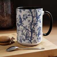 Owl Mug, Blue French Toile De Jouy Teacups Bird Lover Gifts for Women, Owl Gifts Bird Mugs, Woodland
