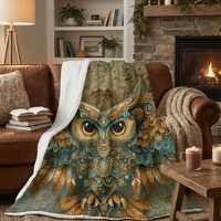 Boho Blanket with Owl Design, Teal and Gold Sherpa Fleece Throw, Cozy Tribal Bohemian Home Decor