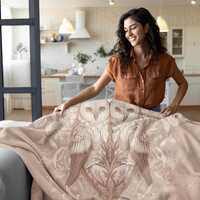 Boho Owl Mandala Blanket, Twin Owls Botanical Throw, Neutral Bohemian Home Decor, Cozy Living Room B