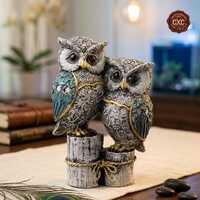 Cute Resin Joint Owl Sculpture | Vintage Owl Figurine | Blue Owl Tabletop Decor | Owl Family Statue 