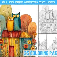 Whimsical Owl Family Coloring Pages, Woodland Animal Houses (PDF Download)