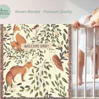 Baby Woven Blanket, Woodland Fox & Owl Crib Throw, Welcome Baby Nursery Blanket, Neutral Baby Sh