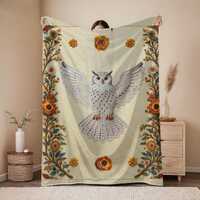Owl Blanket: Crochet Style White Owl with Floral Border Velveteen Throw
