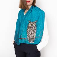 Horned Owl Hand Painted Blue Silk Scarf Bird Lover Gift Birthday Gift 54X14