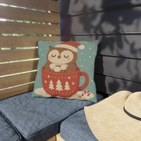 Cute Owl in Mug Winter Outdoor Pillow | Christmas Throw Pillow | Cozy Holiday Owl Decor