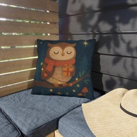 Sleeping Owl with Scarf & Lights Outdoor Pillow | Winter Woodland Holiday Decor | Cozy Owl Throw