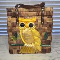 Vintage 1960's Handmade Woven Raffia Wicker Owl Bag