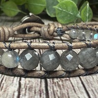 Nightwatch Owl Blue Labradorite Leather Gemstone Bracelet, Intuition & Protection, Distressed Gr
