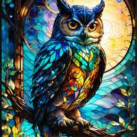 Stained Glass Owl Jigsaw Puzzle Mystical Jewel-Tone Bird Art