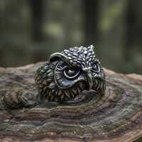 Owl Head Ring 925 Sterling Silver Oxidized Finish Animal Jewelry Bird Totem Statement Band Unisex