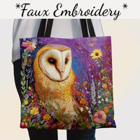 Faux Embroidered Floral Owl Tote - Whimsical Barn Owl Gift for Nature Lover - Cottagecore Shoulder B