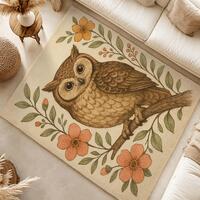 Owl Floral Area Rug | Botanical Bird Accent Rug