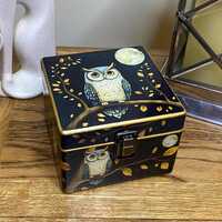 Hand decorated wooden box in decoupage style. Owl and moon design in black, white and gold.