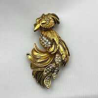 Vintage Owl Brooch Pin | Gold Tone with Rhinestones | Dolphin Ore Signed