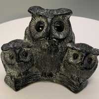 Vintage Soapstone Owl Family Sculpture, Wolf Original Canada, Hand Carved Owl