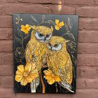 Golden Owl Wall Art-Romantic Owl  Couple Paintihg, Textured Gold Artwork on Dark Barkground, Wildlif