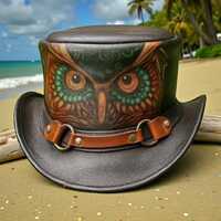 Handmade Leather Top Hat with Owl Face Design Steampunk Gothic Festival Hat