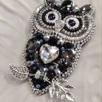 Handmade Beaded Owl Brooch – Rhinestone Crystal Leather Pin
