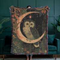 Celestial Owl Woven Throw Blanket, 100% Cotton Whimsigoth Blanket, Enchanted Forest Tapestry, Witchy