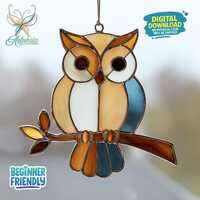 Owl Perched On Branch Stained Glass Pattern, Owl Suncatcher, Teacher Stained Glass, Suncatcher Templ
