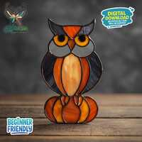Owl On Pumpkin Stained Glass Pattern, Owl Suncatcher, Halloween Owl Stained Glass, Suncatcher Templa