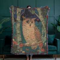 Woodland Owl Woven Throw, 100% Cotton Whimsigoth Blanket, Mystical Forest Tapestry, Gothic Nature Gi