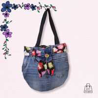 Girls Denim Shoulder Bag, Multicolored Owls Fabric