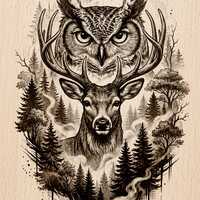 Owl & Stag Forest Art | Wildlife Wall Decor | Laser Engraving File | Wood Burn PNG