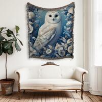 White Owl Woven Blanket - William Morris Inspired 100% Cotton Throw, Barn Owl and Blue Florals Wall