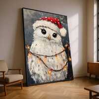 Festive Snowy Owl Canvas Wall Art, Christmas Holiday Lights, Santa Hat Bird Painting, Winter Animal 