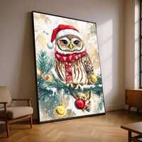 Festive Owl Canvas Wall Art, Christmas Holiday Decor, Winter Animal Painting, Santa Hat Owl Print, S