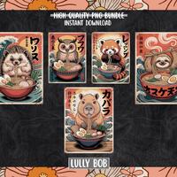 Anime Animal Ramen PNG Bundle &ndash; Owl, Red Panda, Capybara, Sloth, Hedgehog, Kawaii Japanese Noo