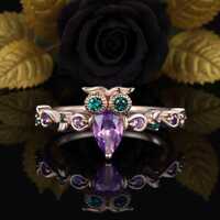 Unique Natural Amethyst Owl Engagement Ring 14k Rose Gold Round Amethyst Emerald Wedding Ring Cute A