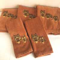 Vintage Martex 1970s Burnt Orange Owls 3 Bath Towels 2 Hand Towels Retro