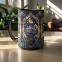 Stained Glass Owl Mugs and Glassware, Floral Crescent Moon Art, Celestial Home Decor, Night Sky Owl 