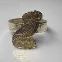 Greek Owl Signet Ring, Greece Drachma Coin Ring, Gold and Silver