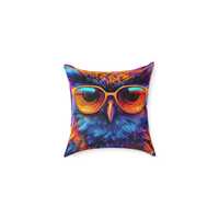 Colorful Owl with Sunglasses Pillow | Square Poly Canvas Pillow