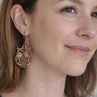 Laser Cut Walnut Wood Owl Earrings – Hypoallergenic Dangles