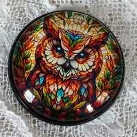 Modern glass domed bubble button 1 inch, owl bird with fall colors image under glass collectable stu