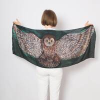 Owl Print Hand Painted Green Silk Scarf Bird Wing Owl Gift 69X22