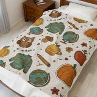 Autumn School Pattern Velveteen Plush Blanket | Owls Pumpkins Sweaters Apples