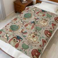School Owl Pattern Velveteen Plush Blanket | Teacher Classroom Graduation Throw
