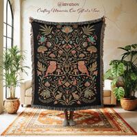 Folk Art Owl Mushroom Woven Blanket, Dark Cottagecore Forest Tapestry, Whimsigoth Bunny Rabbit Throw
