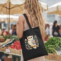 Folk Art Owl Tote Bag, Cottagecore Watercolor Woodland Design