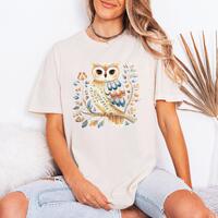 Folk Art Owl Shirt, Cottagecore Watercolor Woodland Bird