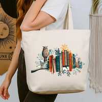 Bookish Owl Zippered Tote, Books Canvas Bag, Reading Lover Everyday Gift