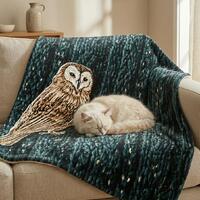 Barn Owl Illustration Sherpa Fleece Blanket | Dark Teal Cable Knit Velveteen Throw