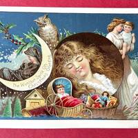Victorian Christmas Trade Card Owl Moon Dreaming Girl Doll Toys Woolson Spice Lion Coffee 1800's