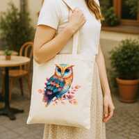 Folk Art Owl Tote Bag, Colorful Bird Nature Design